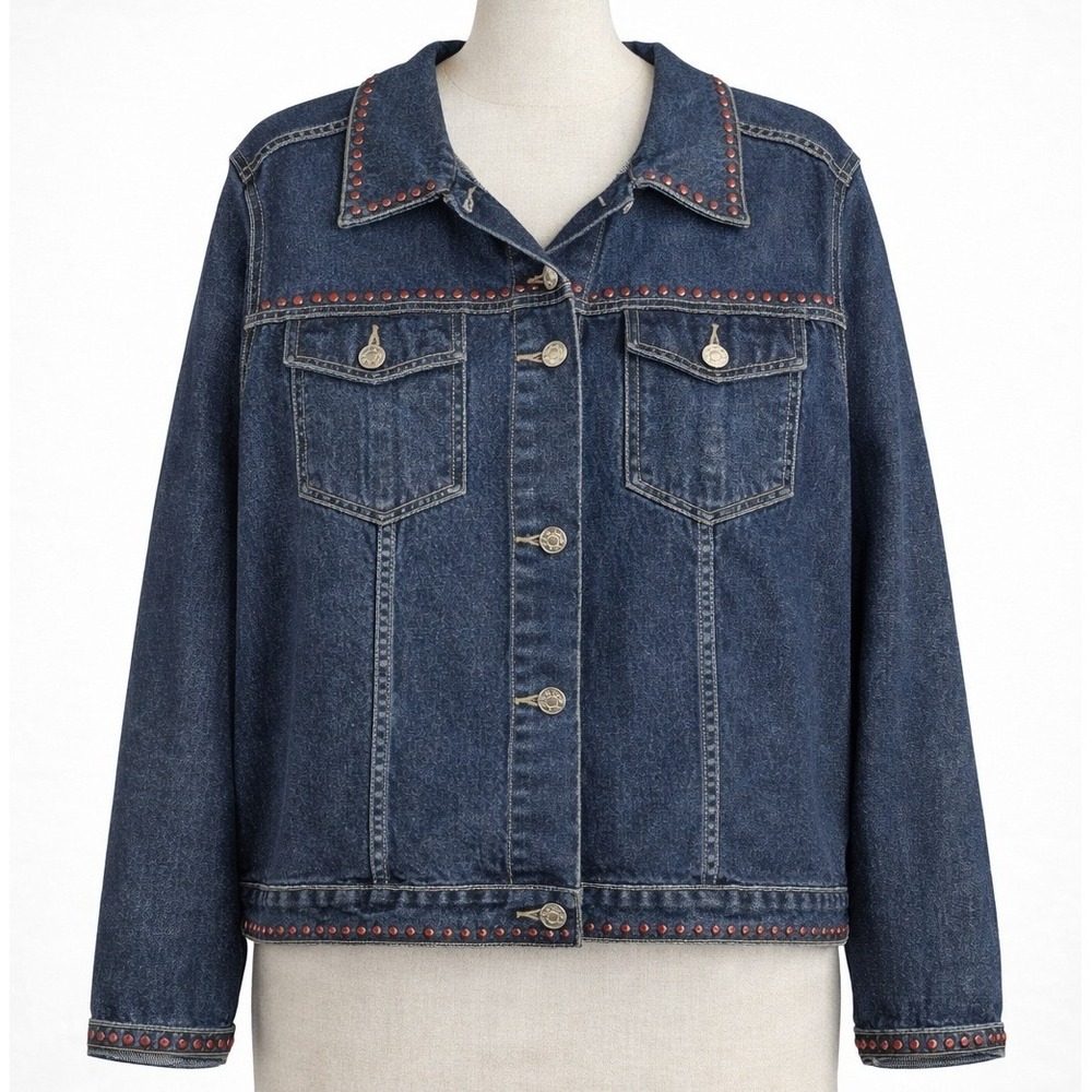 Vintage Spiegel Y2K Womens Studded Denim Jacket Size L Blue Red Trucker Festival